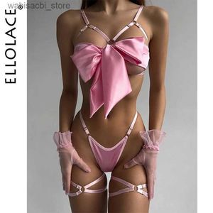 Сексуальный набор Ellolace Bowknot Lingerie Open Bra Lace Up Сексуальное нижнее белье с 3 частями атласной эротической одежды девушки без цензуры билизна набор секса L2447