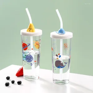 Wine Glasses 425ML Straw Cup With Lid Color Changing Coffee Cartoon Travel Glass Mug Heat-Resistant Milk Non-slip Cover Set