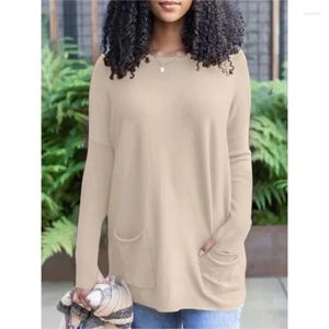 Kadın Hoodies Sonbahar Kadın Gevşek Cep Sweatshirt Top Vintage Sıradan Moda Uzun Kollu O Boyun Düz Renkli T-Shirt Y2K IN