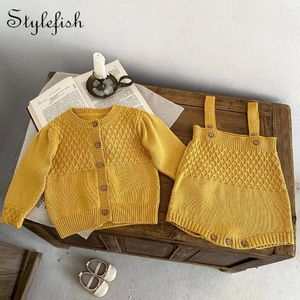 Clothing Sets Spring Baby Girl Iron Yellow Knitted Jacket Solid Color Suspender Sweater Can Be Sorted Into 2