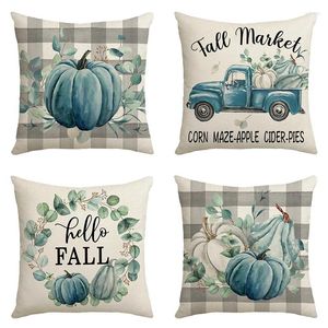 Kudde 2024 Autumn Pumpkin Car Linen Heminredning Skandinavisk soffa täcker Blue Modern Simple Fashion Funda de Navidad