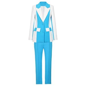 Kvinnors tvådelade byxor S-3XL Högkvalitativ blå och vit färg som matchar en knapp långärmad jacka+Slim Fit Professional Womens Clothing Setc240407