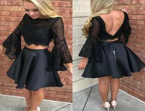 Little Black Evening Dresses Two Piece Sheer Lace Homecoming Dress 2020 Short Prom Wear Backless Aline Formella festklänningar2086975