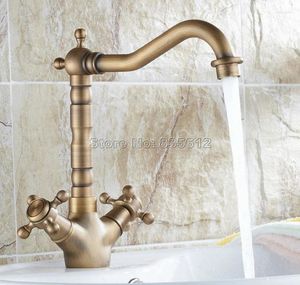 Bathroom Sink Faucets Antique Brass Dual Handles Deck Mounted Basin Mixer Tap Single Hole Vessel Faucet Swivel Spout Wnf078