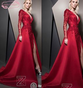 Ziad Nakad Evening Dresses Deep V Neck Beading paljetter Långärmad framspalt med avtagbart tåg Satin Långa kvällsklänningar Arabi6774378