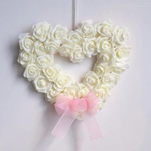 Decorative Flowers Artificial Wreath Heart Shaped White Rose Flower Wreaths With Bowknot Ribbon Pendant For Wedding Valentines Day Decor