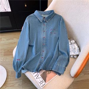 Women's Blouses Light Blue Denim Shirt Letter Embroidery Casual Versatile Women Spring 2024 Korean Version Vintage Loose Top Shir