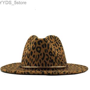 Wide Brim Hats Bucket Simple unisex plain felt jazz Fedora hat for mens leopard print leather band decoration Trilby Panama official yq240407