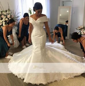 Simple Mermaid Wedding Dresses Custom Luxurious Satin Off the Shoulder VNeck Bridal Dress Formal Gowns Vestidoe De Noiva 20208086091