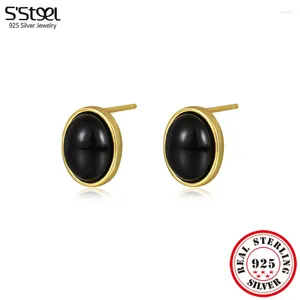 Stud Earrings S'STEEL 925 Sterling Silver Black Agate Studs For Women Geometric Design Girls Trendy Luxury Engagement Fine Jewelry