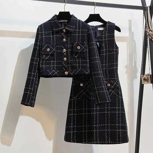 Two Piece Dress Womens elegant retro tweed perfume suit jacket and dress two-piece winter jacquard party dressC240407