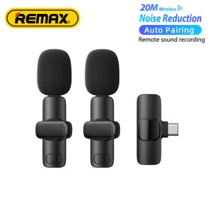 Microfones Remax 2 em 1 Mini clipe sem fio Microfone para transmissão ao vivo Gravação de vídeo Redução de ruído ao ar livre para iPhone/Samsung/Xiaomi