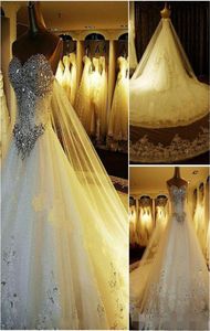NEW Luxury Ball Gown Wedding Dresses Sweetheart Crystal Beaded Tulle Backless Plus Size Gowns Cathedral Train Lace Up Back8953093