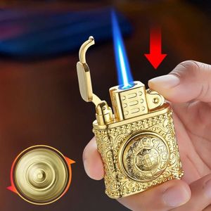 2024 Metal Retro Lucky Tang Grass Relief Rotating Wheel Windproof Jet Flame Iatable Lighter Press Ignite Without Gas Cigar Lighters