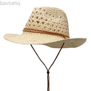 Breda brim hattar hink hattar västra cowboy hatt tibetansk stil topp dam hatt roll brim cowgirl cap jazz openwork halm hatt cap etnic för kvinnor män utomhus 240407