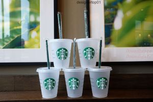 Stanleliness Starbucks 16oz/473ml Plastic Tumbler Reusable Clear Drinking Flat Bottom Cup Pillar Shape Lid Straw Mug Bardian 5pcs Mug ICFO
