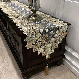 Oval Lace Table Runner Embroidered TV Cabinet Tablecloth Lace Pendant Tassel Dresser Table Flag Dust Cover 240325