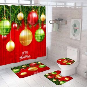 シャワーカーテン4PCSレッドカーテンセットカラフルなクリスマスボールスノーフレークノンスリップラグトイレの蓋