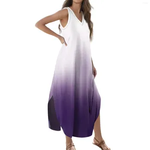 Casual Dresses Women's 2024 Summer Loose Sundress Long Dress Print Sleeveless V Neck Split Tshirt Maxi Elegant For Wome