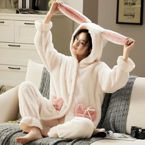 Home Clothing Winter Soft Lounge Wear Cute Hooded Sleepwear Coral Fleece Pajamas Set Women 2 Pieces Shirt&Pants Clothes Pyjamas
