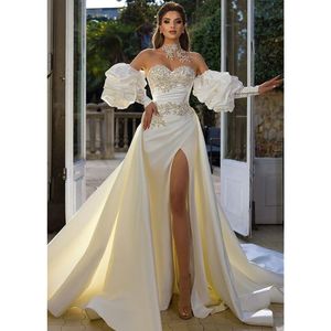 Elegant Ivory Mermaid Wedding Dresses With Puff Long Sleeves Lace Appliques Beaded Satin Bridal Gown Side Split Sexy Bride Dress 2024