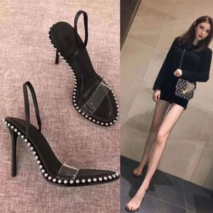 New Bead Line with Transparent Sexy Black Thin Heel High Womens Sandals Back Empty Shoes
