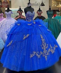 Luxury Royal Blue Quinceanera Dresses Ball Gown paljetter Lace Plus Size Mexikansk 15 år Sexton Princess Sweet 16 Prom Dress8121995