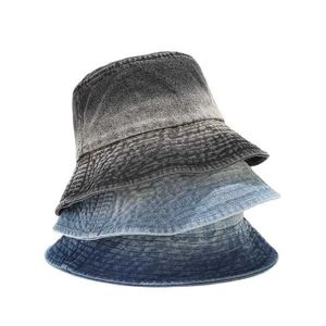Wide Brim Hats Bucket 2023 Spring and Autumn Denim Printed Hat Fisherman Outdoor Travel Sun for Men Women 109 Q240403