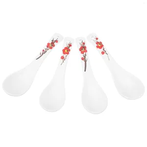 Colheres de colher de sopa asiática de cerâmica branca: 4pcs de porcelana pequena de porcelana floral colher chinesa que serve ramen pho wonton