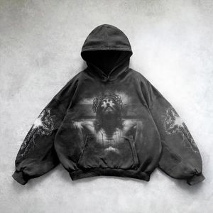 Herrtröjor hiphop män tröja hoodie streetwear jesus cross tryck tvättad tröja 2024 hösten harajuku bomull huvtröja svart