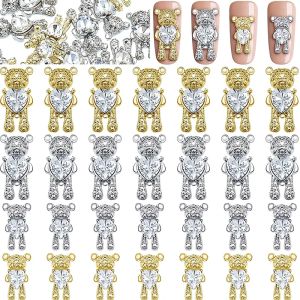 Verktyg 60pcs Bear Nail Art Rhinestones Decoration With Heart Crystal Rhinestones Shiny 3D Alloy Nail Art Design Manicure Accessories