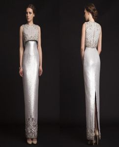 2019 Nya lyxiga Krikor Jabotian Evening Dresses Sequins Beading Satin Sheath Custom Made Silver Prom Dresses Split Back Formal Gow6182734