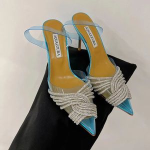 Aquazzura الخلفية Sling Pu المدببة الخنجرات اللباس مضخات الأحذية راينستون الديكور الحزب الأحذية المسائية صندل المصممين الفاخرة للسيدات