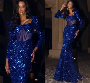 Fashion Royal Blue Mermaid Sequins Prom Party Dress 2024 Square Neck Long Sleeves Illusion Women Evening Formal Birthday Gowns Robe De Soiree