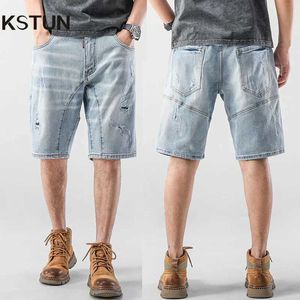 Men's Shorts 2024 Summer Shorts Mens Elastic Light Blue Hip Hop Tear Denim Shorts Mens Patch Straight Loose Mens Shorts J240407