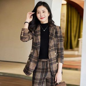 Women's Two Piece Pants Womens winter thick warm suit jacket and pants two-piece set jacquard tweed wool ball work suitC240407