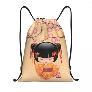 Depolama Çantaları Kawaii Kokeshi Bebek Kiraz Çiçekleri Drawstring Sırt Çantası Spor Spor Sackpack Taşınabilir Japon Geyşa Kız Sanat Alışveriş Çantası Çuval