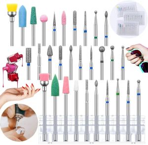 Kits 30 peças Bits de perfuração de unhas de diamante com pincéis Bit de limpador de cutícula para acrílico Gel Bits Fine Bits para broca elétrica