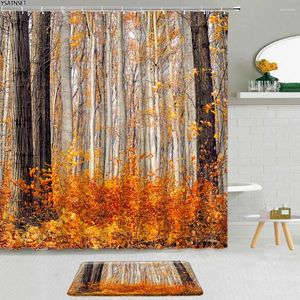 Zasłony prysznicowe 2PCS Autumn Forest Trees Kurtyna Zielone rośliny Drewno krajobraz łazienka bez poślizgu mata do kąpieli dekoracja tkaniny