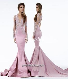 2019 Miss USA Pageant Dresses Mermaid Sheer Deep V Neck Lace Sweep Train Satin Plus Size Long Sleeves Evening Dresses Celebrity Pr9132728