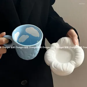 Mugs Small Ins Korean Blue Sky Cloud Ceramics Cute Fat Hand Hand-painted Coffee Cup Saucer