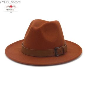 Wide Brim Hats Bucket QBHAT High Quality Mens Fedora Panama Wool Felt Hat with Brown Belt Buckle Big Jazz Trilby Party yq240407
