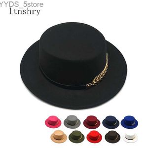 Chapéus largos Bucket Autumn e Winter Womens Wool Vintage Trilby Felt Fedora Hat Ribbon Gentleman Elegant Flat Top Jazz YQ240407