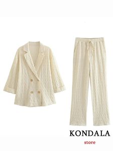 Kondala Vintage Solid Beige Casual Office Lady 여름 여성 Suit Long Sleeve Pleated Blazer 넓은 다리 드로 스트링 바지 240326