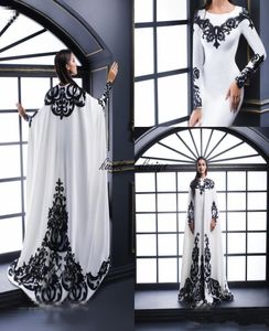 Vintage Black and White Kaftan Dubai Abaya Mermaid Evening Dresses with Cape Jewel Neck Long Sleeve Prom Special Occasion Party Go4335236