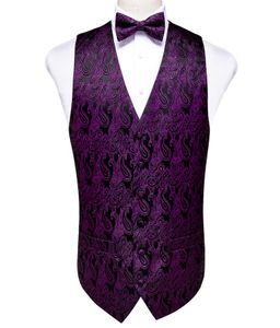 US Warehouse Men039S clássico Paisley Paisley Purple Silk Jacquard Waistcoat colete Bush Pocket Pocket Square Cufflinks Set Fashion Party Wedd5339553