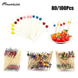 Forks 80/100pcs Heart descartável Bamboo Skewers Cocktail Picks