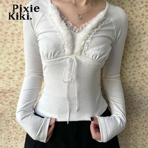 Women's T Shirts Pixiekiki 2000s Y2K Topps White Fuzzy Lace Trim V Neck Long Sleeve Shirt for Women Cutecore Winter Clothes P67-CB20