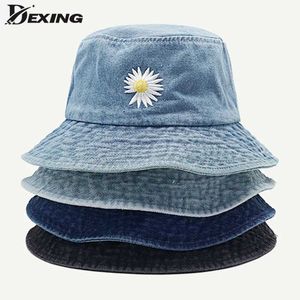 Wide Brim Hats Bucket INS Korean Daisy Embroidery Hat Women Men Panama Summer Sun Fashion Flower Bob Washed Denim Fisherman Q240403