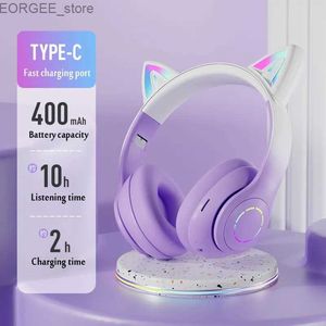 携帯電話イヤホン猫耳ヘッドフォンBluetoothワイヤレスミュージックヘッドセットグラディエントカラーLEDライトマイクゲーマーイヤホンキッズ素敵なクリスマスプレゼントY240407